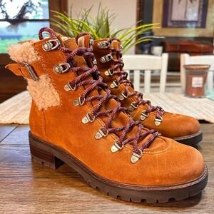 Sam Edelman Tenlee Suede Shearling Hiker Boots Ankle Lace Up Side Zip 9
